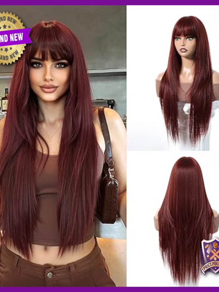 28 Inch Human Hair Wig With Bangs, Glueless Lightweight Straight Layered